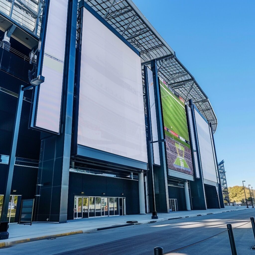 Die Kulisse eines Sportstadions wird am Spieltag durch kompakte, vertikale Plakatwände belebt.